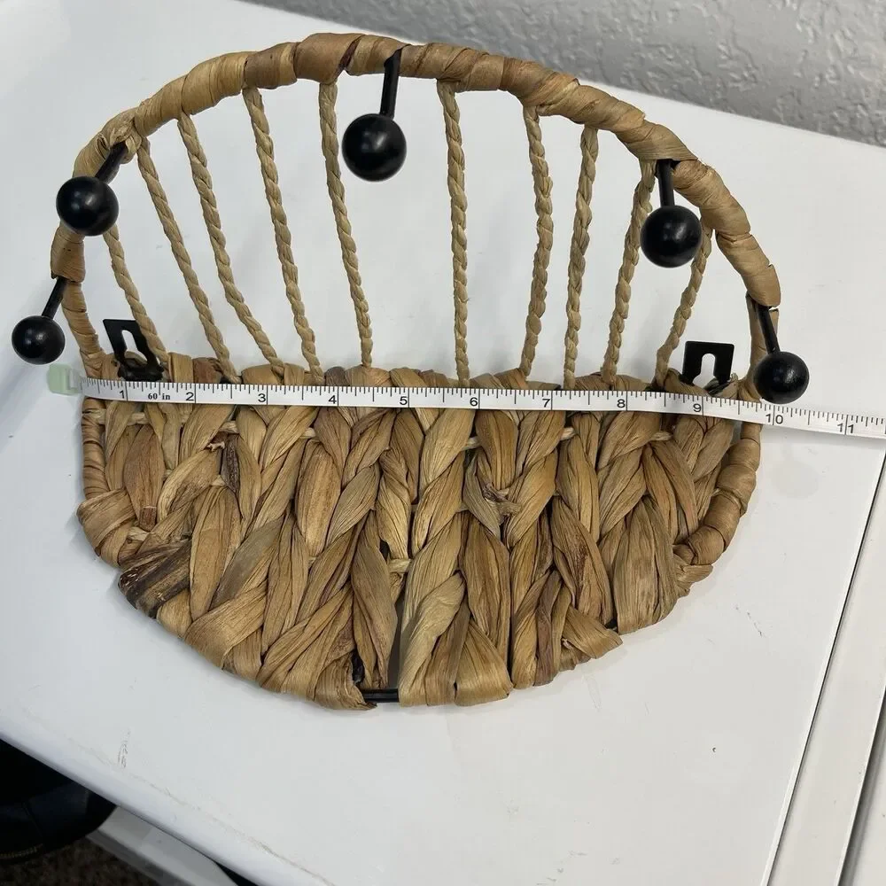 Woven Natural Water Hyacinth & Metal Wall Shelf w/ 5 Pegs, Used